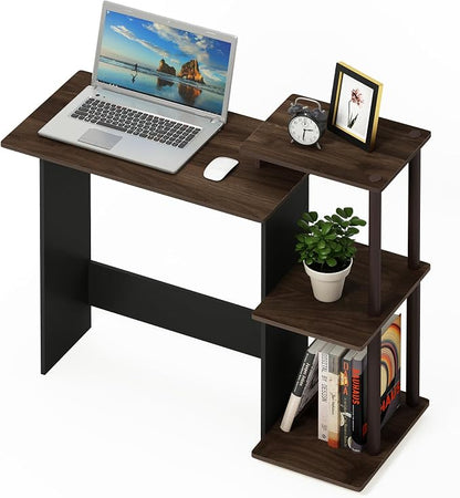 Furinno Efficient 29-Inch Brown Computer Desk, Office Desk with 3 Side Shelves, Rectangular Home Office Desk, Gaming Desk for Home Office, Bedroom, Study Room, Brown Walnut