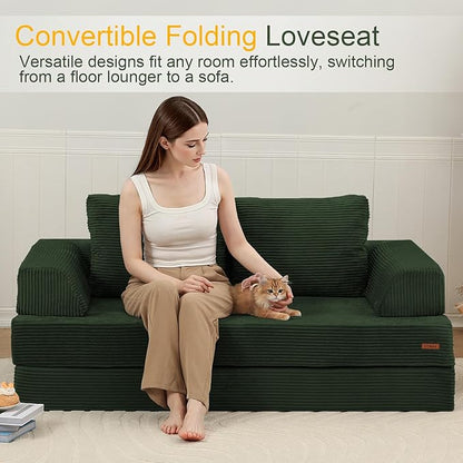 COMAX Futon Sofa Bed, Convertible Folding Sofa Bed, Boneless Couch Loveseat Corduroy with Pillows, Small Foldable Floor Couch Comfy Lounge Sleeper for Living Room Bedroom, Green