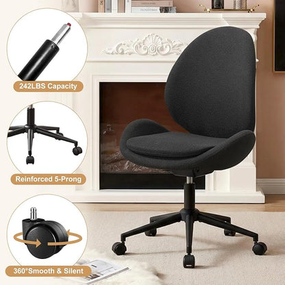 Furniliving Velvet Vanity Chair with Wheels, Adjustable Height Swivel Desk Chair& Lumbar Support, Armless Upholstered Makeup Chair for Bedroom Home Office Study Room (Black)