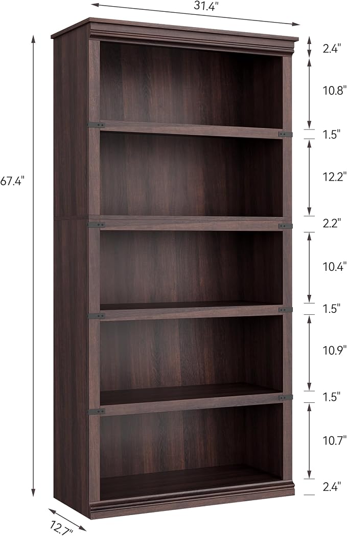 GarveeHome 5 Tier Farmhouse Bookcase, 67.4" Tall Book Shelf with Storage, Wooden Bookshelves 5 Shelf Display Shelvesfor Home Office, Living Room, Bed Room (Cherry, 67.4" H x 31.5" W x 12.8" D)