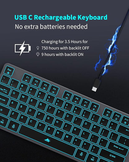 Wireless Backlit Keyboard, Rechargeable USB Silent Keyboard, 2.4G Cordless Full Size, Compatible with Apple iMac, MacBook and PC, Computer Laptop, Space Gray…