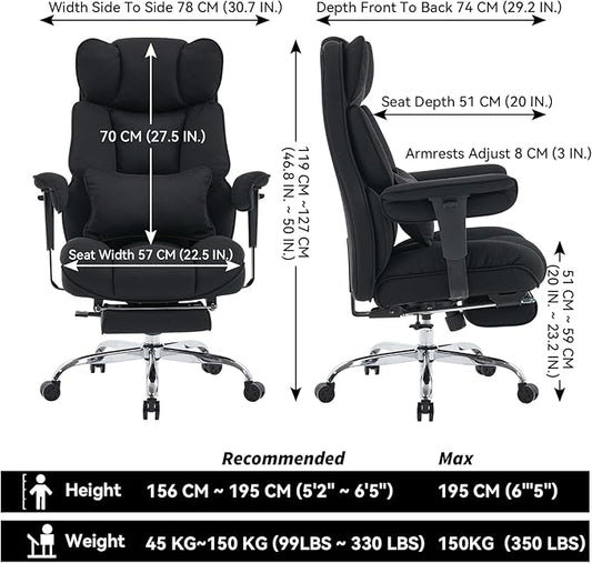 Efomao Executive Office Chair, Mesh Black Fabric Big and Tall Desk Chair | Breathable fabric, pocket spring & foam seat, retractable footrest, 135° recline for computer gaming setup