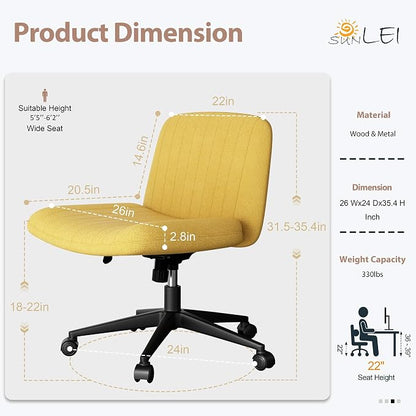 SUNLEI Cross Legged Office Chair with Wheels, Armless Wide Chair's for Vanity Desk, Criss Cross Comfy Chairs with Back, Desk Chair/s of Height Adjustable Swivel, Yellow