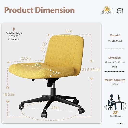 SUNLEI Cross Legged Office Chair with Wheels, Armless Wide Chair's for Vanity Desk, Criss Cross Comfy Chairs with Back, Desk Chair/s of Height Adjustable Swivel, Yellow
