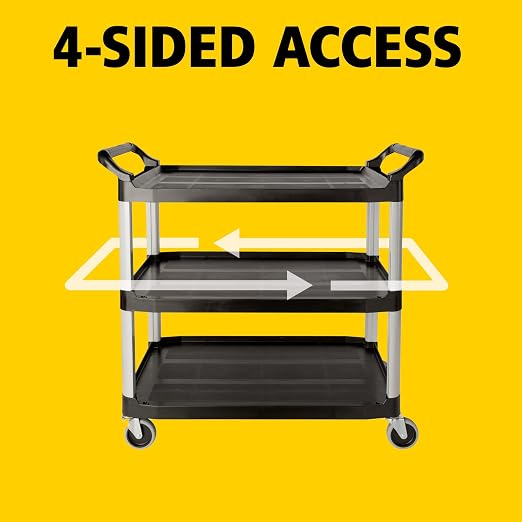 Rubbermaid Commercial Products Heavy Duty 3-Shelf Rolling Service/Utility/Push Cart, 300 lbs. Capacity, Black, for Restaurant/Cleaning/Office use (FG409100BLA)