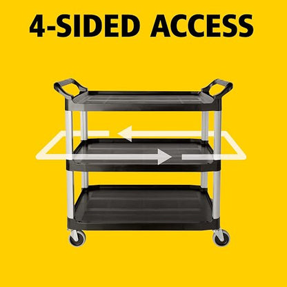 Rubbermaid Commercial Products Heavy Duty 3-Shelf Rolling Service/Utility/Push Cart, 300 lbs. Capacity, Black, for Restaurant/Cleaning/Office use (FG409100BLA)