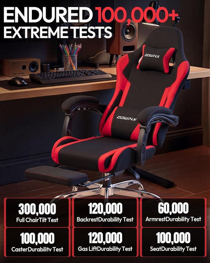 Dowinx Ergonomic Gaming Chair with Footrest & Massage Lumbar, 2D-Linkage Armrests for Computer Chair 330lbs with Headrest Pillow for Office, Home, Streaming and Long Gaming Sessions, Fabric Dark Red