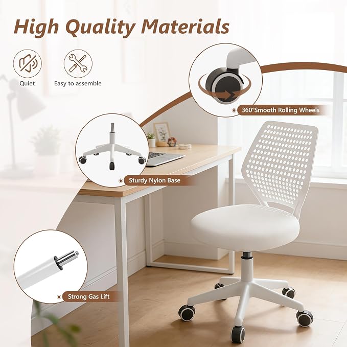 Small Office Chair with Wheels, Armless Desk Chair Height Adjustable Swivel Rolling Task Chair Breathable Mesh Ergonomic Computer Work Chair for Adult, White