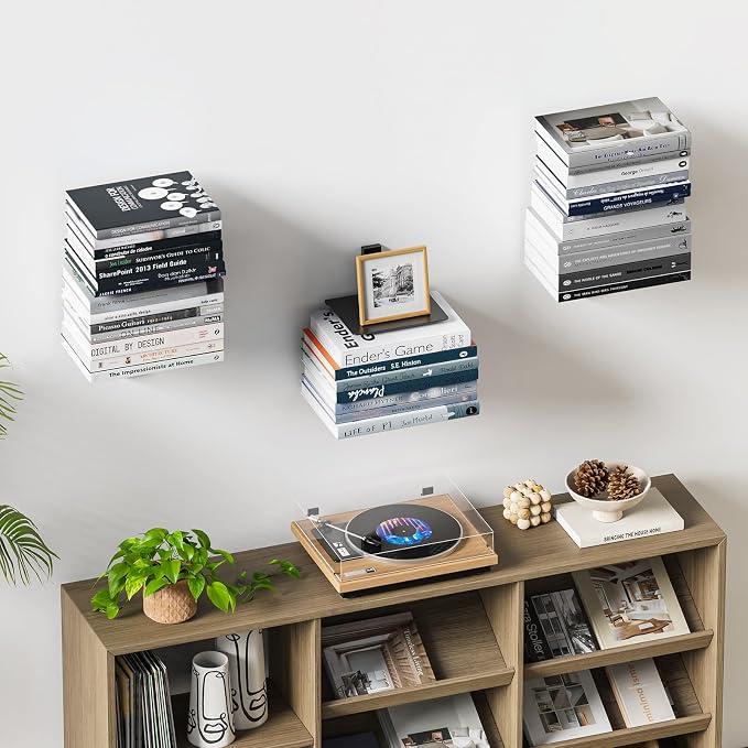 Floating Book Shelves for Wall, 6 Tier Invisible Floating Bookshelf, Vertical Spine Book Tower, Wall Mounted & Space Saving, Heavy Duty Metal Book Organizer for Home Office, 3 Pack Black