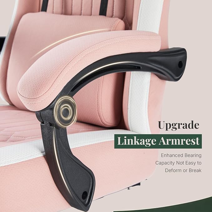 Computer Gaming Chair - High Back Ergonomic Desk Chair with Footrest and Lumbar Support, Height Adjustable Task Chair with Linkage Armrests and Headrest, 360° Swivel Wheels, Pink