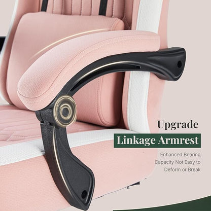 Computer Gaming Chair - High Back Ergonomic Desk Chair with Footrest and Lumbar Support, Height Adjustable Task Chair with Linkage Armrests and Headrest, 360° Swivel Wheels, Pink