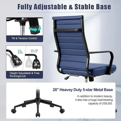 Okeysen Blue Leather Office Desk Chair, Conference Room Chairs Executive Chair Ribbed, Ergonomic Height Adjustable Swivel Rolling Chair for Home Office.