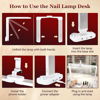 34in Nail Light for Desk Foldable Large Half Moon Lamp Suitable for Nail Tech Beauty Manicure Eyelash Extension Tattoo Eyebrows Crafts Stepless Brightness with 3 Color Modes Infinitely Knob
