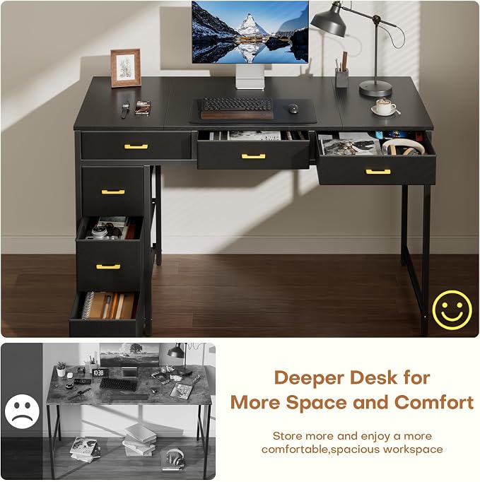 HLDIRECT 47" Computer Desk with 6 Drawers, Home Office Desk with Large Storage for Home Office,Gaming,Writing Study,Work (Black)