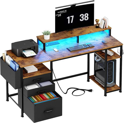 Lufeiya Gaming Desks with Led Lights and Power Outlets, 55 Inch Study Writing Computer Desk with Fabric File Drawers Cabinet for Bedroom, Home Office Desk with Shelves Monitor Stand, Rustic Brown