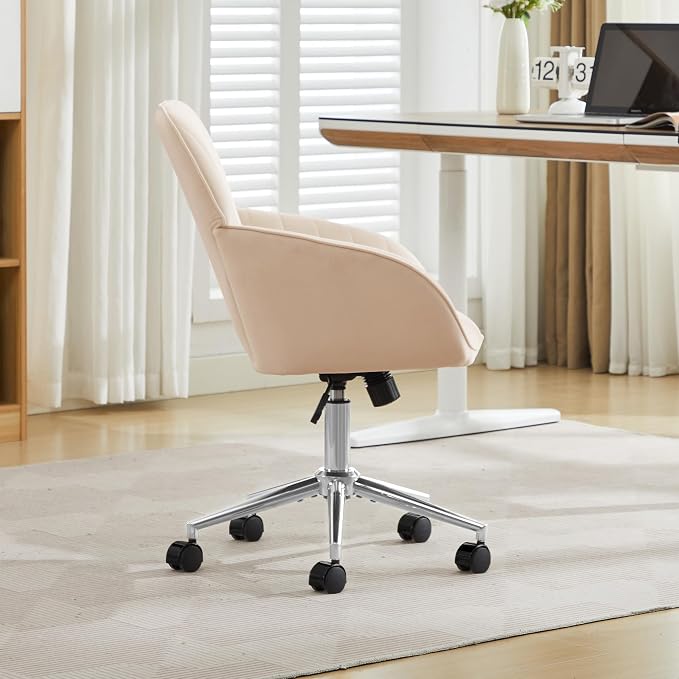 YITAI Velvet Office Desk Armchairs with Silver Base and Wheels,Modern Height Adjustable 360 Degree Swivel Upholstered Vanity Chairs for Living/Room Bedroom/Study,Khaki