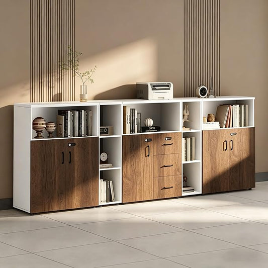 File Cabinet with Password Lock, Wood Lateral Filing Cabinet for Letter/A4 Files, 3 Drawer with Door, Printer Stand with Open Shelves for Home Office