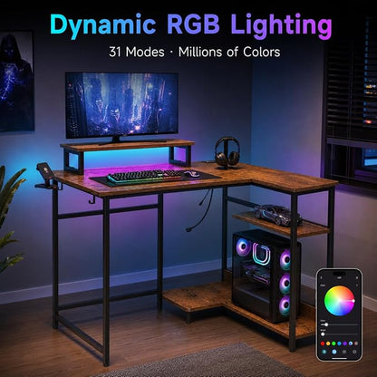 DEVAISE 47 Inch L Shaped Gaming Desk with LED Lights & Power Outlets, Corner Desk for Small Spaces, Sturdy PC Computer Table with Storage for Home Office, Rustic Brown