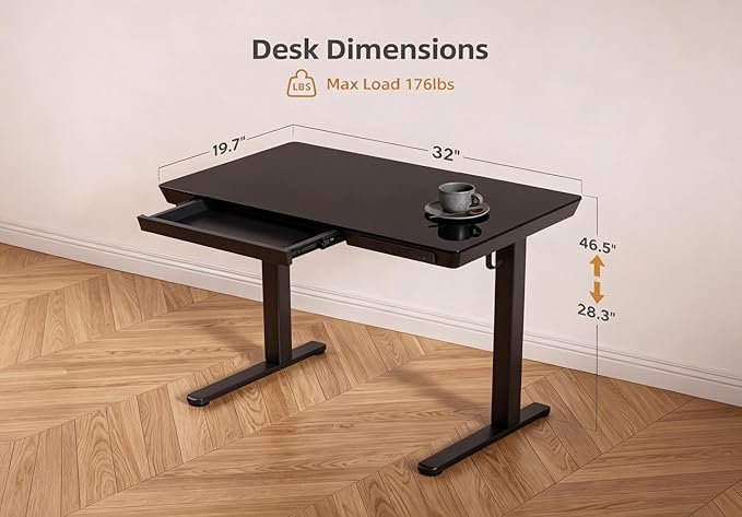 Claiks Small Glass Standing Desk with Drawers & USB Ports, 32 Inch Adjustable Stand Up Desks with Storage, Quick Install One-Piece Computer Desks for Small Space and Home Office, Black