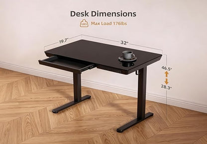 Claiks Small Glass Standing Desk with Drawers & USB Ports, 32 Inch Adjustable Stand Up Desks with Storage, Quick Install One-Piece Computer Desks for Small Space and Home Office, Black