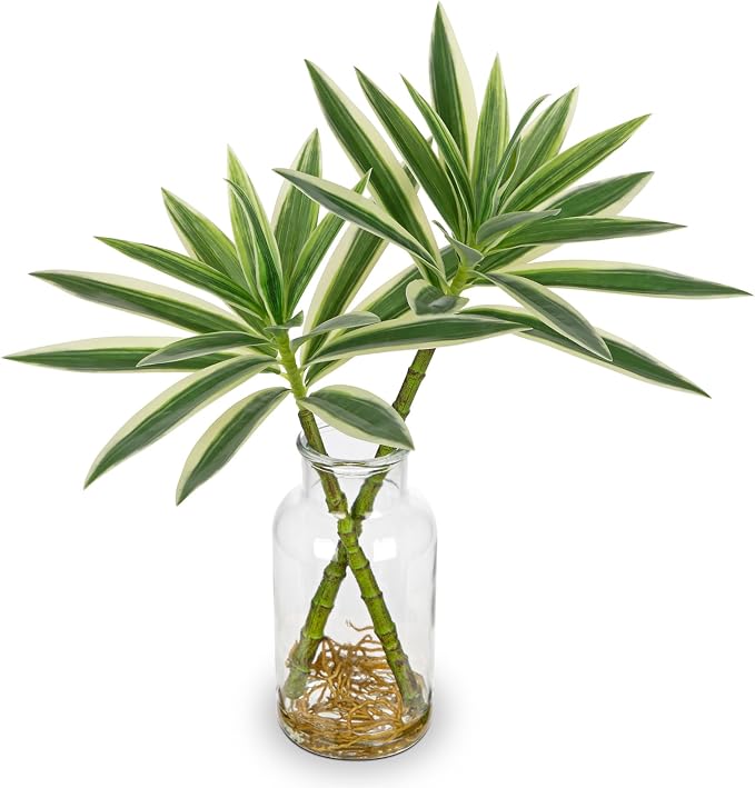 GnFlus Artificial Plants Stems in Glass Vase with Faux Water,Fake Silk Plant Dracaena Leaves for Centerpiece Table Decorations Farmhouse Wedding Home Greenery Decor (Green and White)