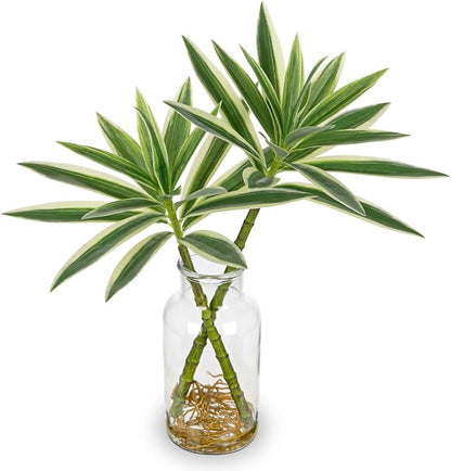 GnFlus Artificial Plants Stems in Glass Vase with Faux Water,Fake Silk Plant Dracaena Leaves for Centerpiece Table Decorations Farmhouse Wedding Home Greenery Decor (Green and White)
