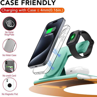 3 in 1 Charging Station for iPhone 17 - Wireless Charger for Apple Products for iPhone 17 16 15 14 13 12 11 Pro Max - Foldable Wireless Charging Station Dock Stand for iWatch Series & AirPods(Green)