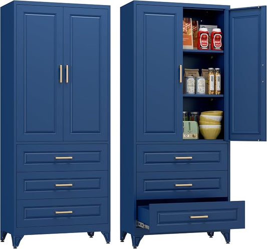 Polup Metal Storage Cabinet,75" Tall Kitchen Pantry Storage Cabinet with Doors and Adjustable Shelves, Blue Metal Pantry Cabinets with 3 Drawers, Large Cupboard for Dining Living Room, Bathroom