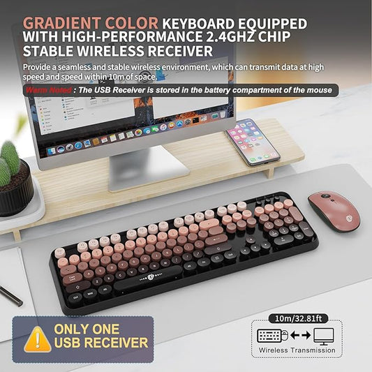FD Wireless Keyboard and Mouse Combo - 2.4G Full-Sized Cute Colorful Mouse and Keyboard with 104 Round Keys Retro Typewriter Keyboard for Laptop/Windows/PC - Black Gradient