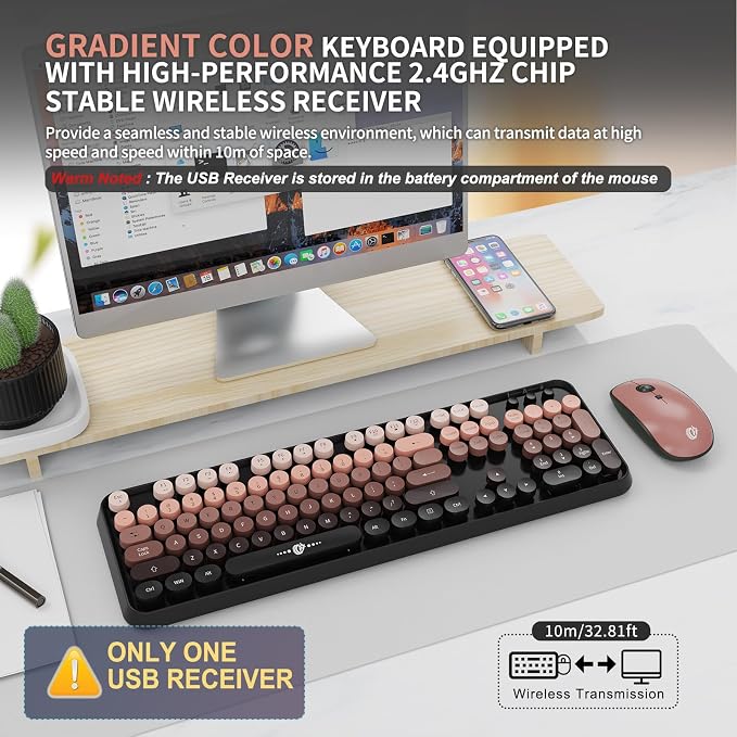 Wireless Keyboard and Mouse Combo, Retro Typewriter Style Keyboard with Round Keys, 2.4G Wireless Cute Keyboard and Mouse Set for PC, Laptop and Desktop-Black and Rose Gold
