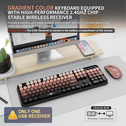 Wireless Keyboard and Mouse Combo, Retro Typewriter Style Keyboard with Round Keys, 2.4G Wireless Cute Keyboard and Mouse Set for PC, Laptop and Desktop-Black and Rose Gold