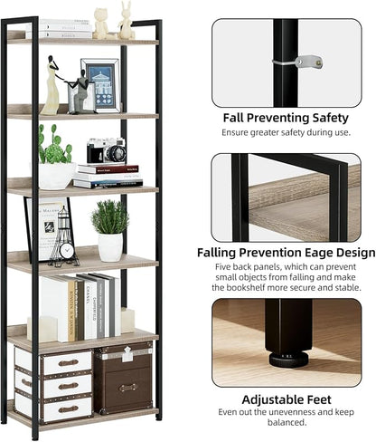 NUMENN Bookshelf, 6 Tier Bookshelves, Home Office Bookcase Shelf Storage Organizer, Free Standing Storage Shelving Unit for Bedroom, Living Room and Home Office, Grey