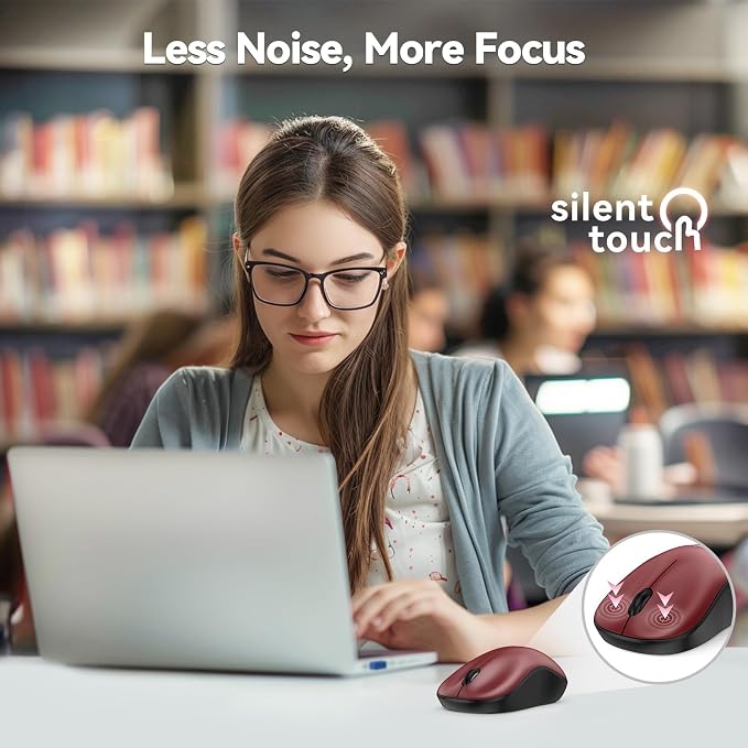 TECKNET Wireless Mouse for Laptop, 2.4G Silent Computer Mouse Quiet Click with 5 DPI Levels,Contoured Grip,Small Portable 30 Months Battery Cordless Mice for PC, Chromebook, Mac-Red