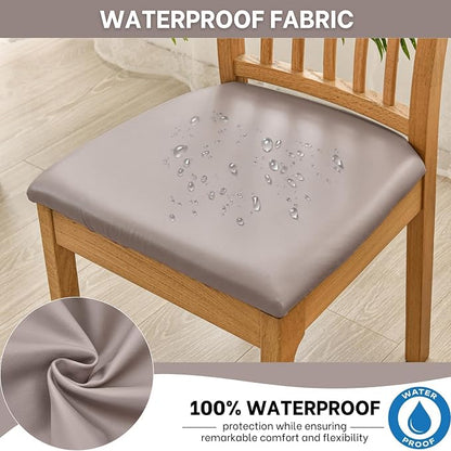 SearchI Waterproof PU Leather Seat Covers for Dining Chairs, 6 Pack Stretch Dining Room Chair Seat Covers, Kitchen Chair Seat Covers Protectors (Taupe)