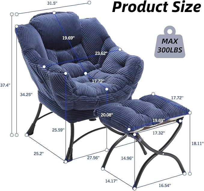 Modern Lazy Chair with Ergonomic Ottoman, Comfortable Lounge Chair with Footrest for Space Saving, Comfy Reading Armchair for Living Room, Bedroom, Office, Navy