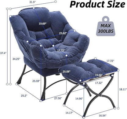 Modern Lazy Chair with Ergonomic Ottoman, Comfortable Lounge Chair with Footrest for Space Saving, Comfy Reading Armchair for Living Room, Bedroom, Office, Navy