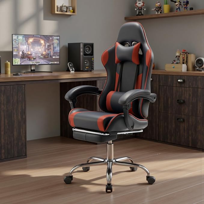 DUMOS Ergonomic Gaming Office Desk Chair with Footrest and Headrest for Adults, PU Leather Video Computer Chair with Linkage Armrests, Height Adjustable 360° Swivel Recling, Black Red
