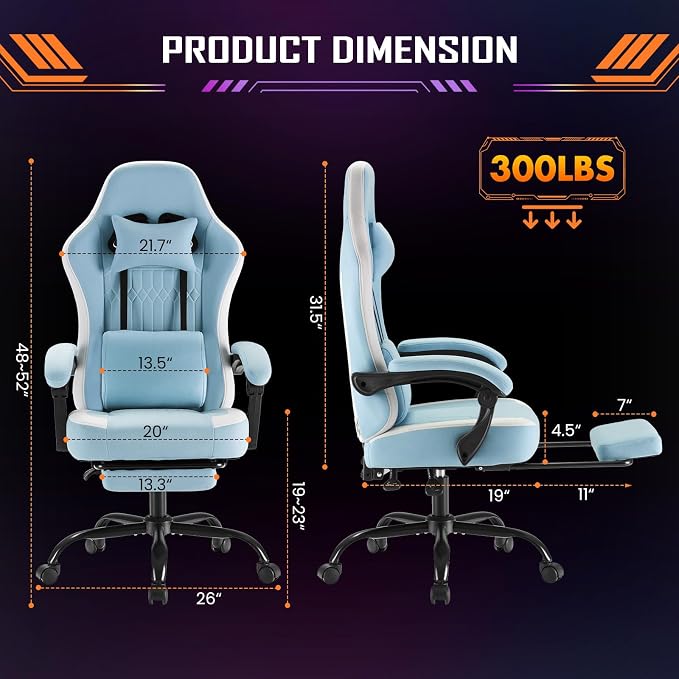 NEWBULIG Gaming Desk Chair - High Back Computer Office Chair with Footrest and Headrest, Comfy Ergonomic Lumbar Support with Linkage Armrests, Height Adjustable and 360° Swivel Wheels, Blue