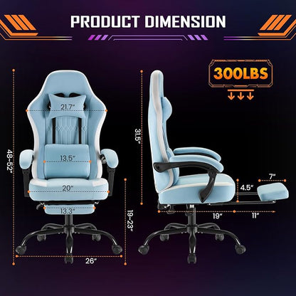 NEWBULIG Gaming Desk Chair - High Back Computer Office Chair with Footrest and Headrest, Comfy Ergonomic Lumbar Support with Linkage Armrests, Height Adjustable and 360° Swivel Wheels, Blue
