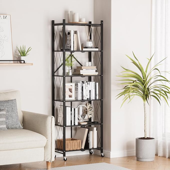 ALANNG 73.6 Inch Folding Bookshelf, 6 Tier Metal Bookcase and Bookshelves, Tall Shelves for Living Room Office Bedroom, Heavy Duty Book Shelve Free Standing Open (Black, 2PACK)