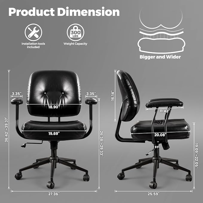 ovios Ergonomic Office Chair, Mid Back Faux Leather Executive Chairs with Thick Cushion, Comfy Mid-Century Modern Swivel Rolling Computer Armchair (Black, PU Leather)