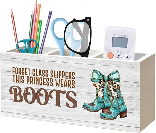 Coquette Turquoise Cow Bow Western Cowgirl Makeup Brush Toothbrush Holder for Girls Bathroom Room Dorm, Cowgirl Cowboy Gifts Wood Signs Pen Pencil Holder Organizer Office Desk Accessories