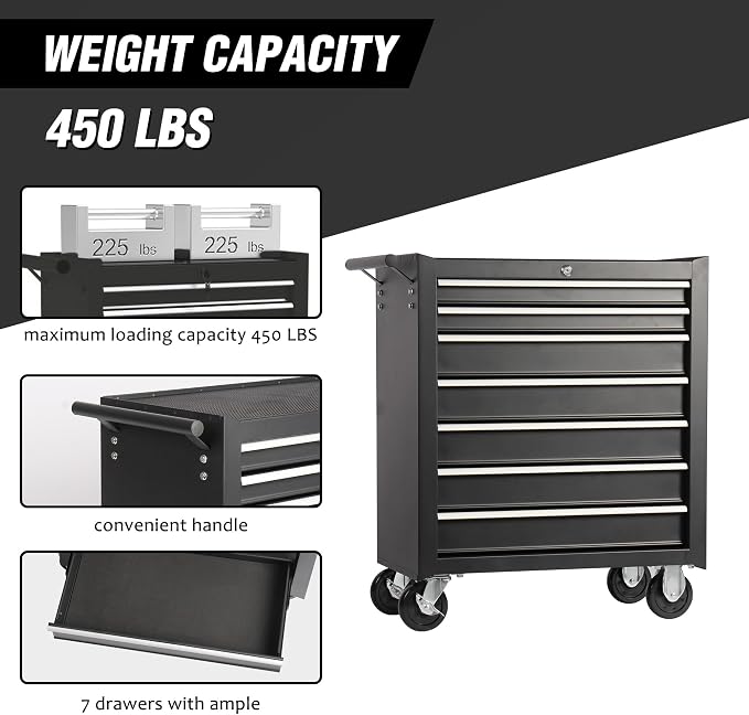 RYH 7 Drawers Rolling Tool Chest & Tool Box on Wheels | Heavy Duty Metal Cart with Ball Bearing Drawers | Fits US General Tool Box for Garage Storage (Black, 7 Drawers（29.6" H × 24.4" W × 13" D)