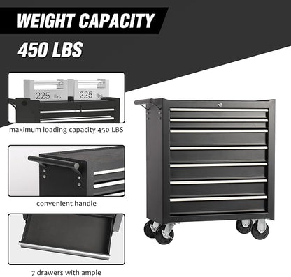 RYH 7 Drawers Rolling Tool Chest & Tool Box on Wheels | Heavy Duty Metal Cart with Ball Bearing Drawers | Fits US General Tool Box for Garage Storage (Black, 7 Drawers（29.6" H × 24.4" W × 13" D)