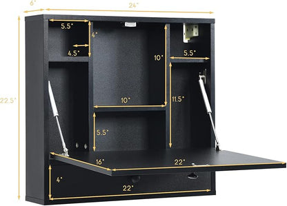 Tangkula Pneumatic Floating Desk - Wall Mounted Laptop Desk with Magnetic Foldable Tabletop, Space Saving Table with Storage Drawer and Shelves (Black)