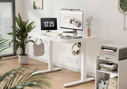 Claiks Small Glass Standing Desk with Drawers & USB Ports, 35 Inch Adjustable Stand Up Desks with Storage, Quick Install One-Piece Computer Desks for Small Space and Home Office, White