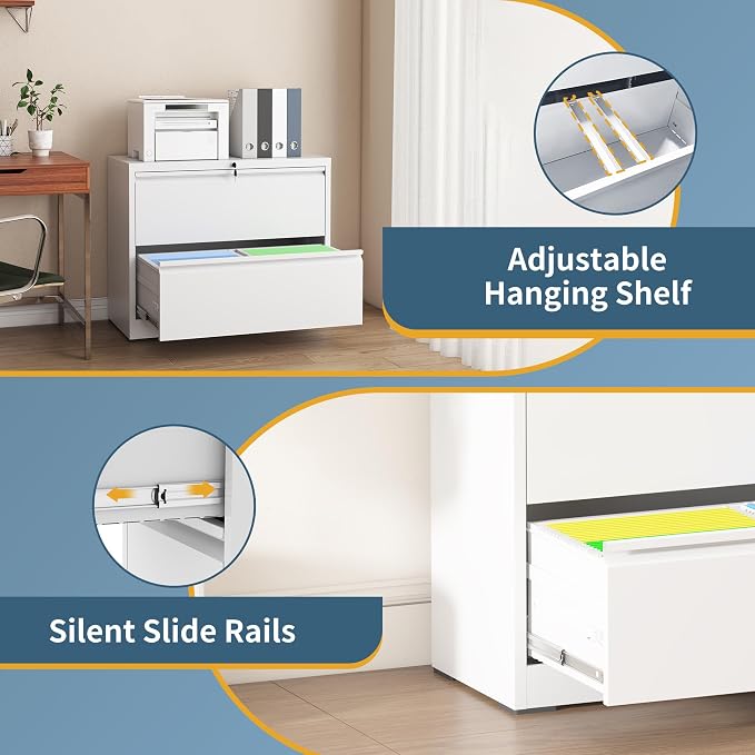 2 Drawer File Cabinet with Lock, Lateral Filing Cabinets,Metal Storage Filing Cabinets for Home Office, Heavy Duty File Cabinet for Letter/Legal/A4/F4 Size Amssebly Required, White