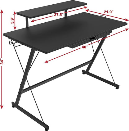 SHW 40-Inch Gaming Desk with Monitor Riser, Drawer and Hooks, Black