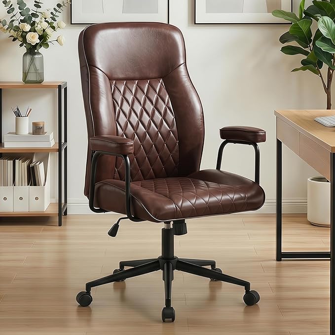 Furniliving Leather Office Chair, Comfy Home Office Desk Chair, Mid Century Modern Office Chair with Lumbar Support, Mid-Back Adjustable Swivel Computer Chair with Wheels and Arms, Dark Brown