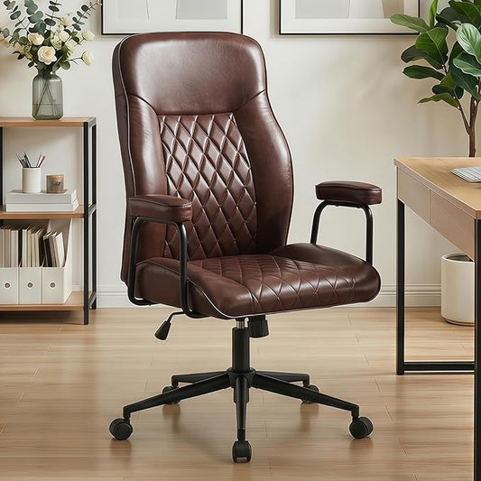 Furniliving Leather Office Chair, Comfy Home Office Desk Chair, Mid Century Modern Office Chair with Lumbar Support, Mid-Back Adjustable Swivel Computer Chair with Wheels and Arms, Dark Brown